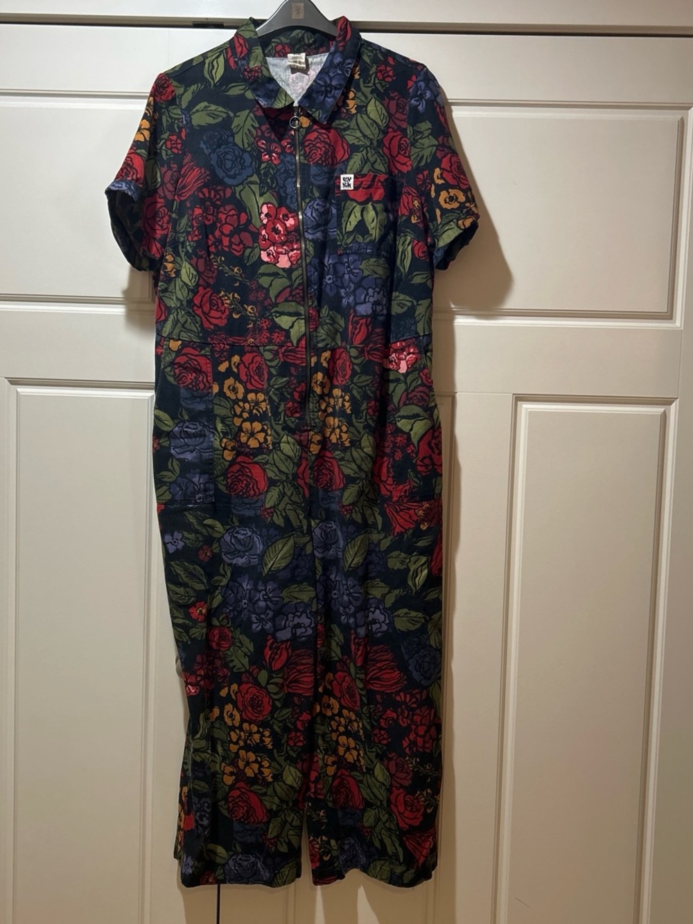 Lucy & Yak Ragan Floral Patchwork Short-Sleeve Jumpsuit in Multi-Color